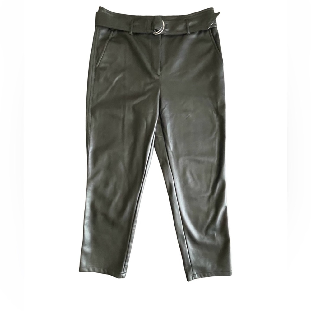 Loft Faux Leather Pants Women’s 6x23.5”Petite Black Straight Leg Belted Casual